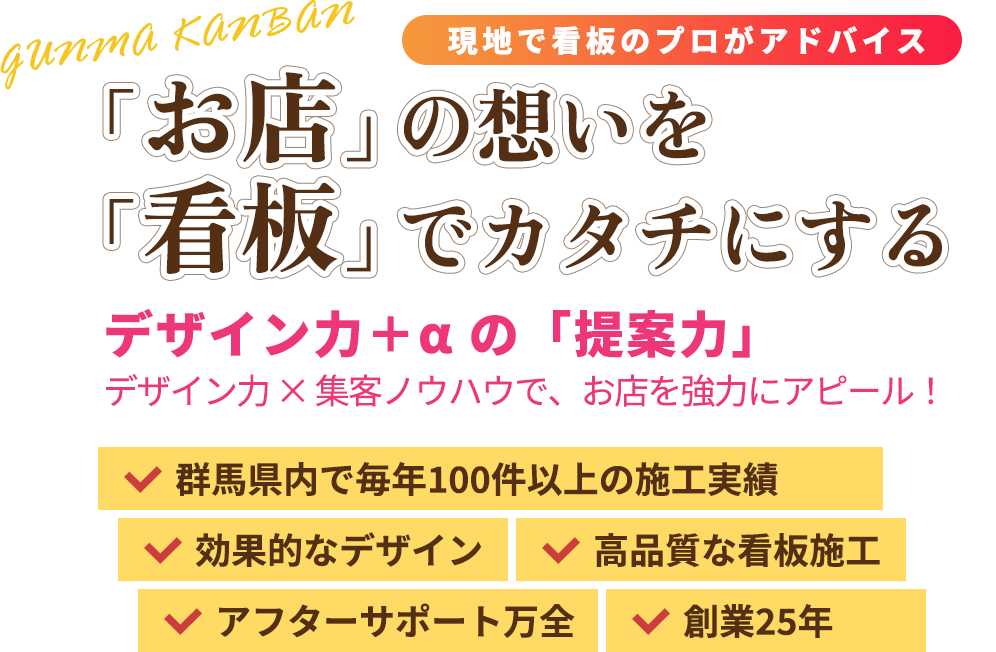 現地で看板のプロがアドバイス デザイン力＋α の「提案力」 デザイン力×集客ノウハウで、お店を強力にアピール！ 「お店」の想いを「看板」でカタチにする 群馬県内で毎年100件以上の施工実績 効果的なデザイン 高品質な看板施工 アフターサポート万全 創業25年
